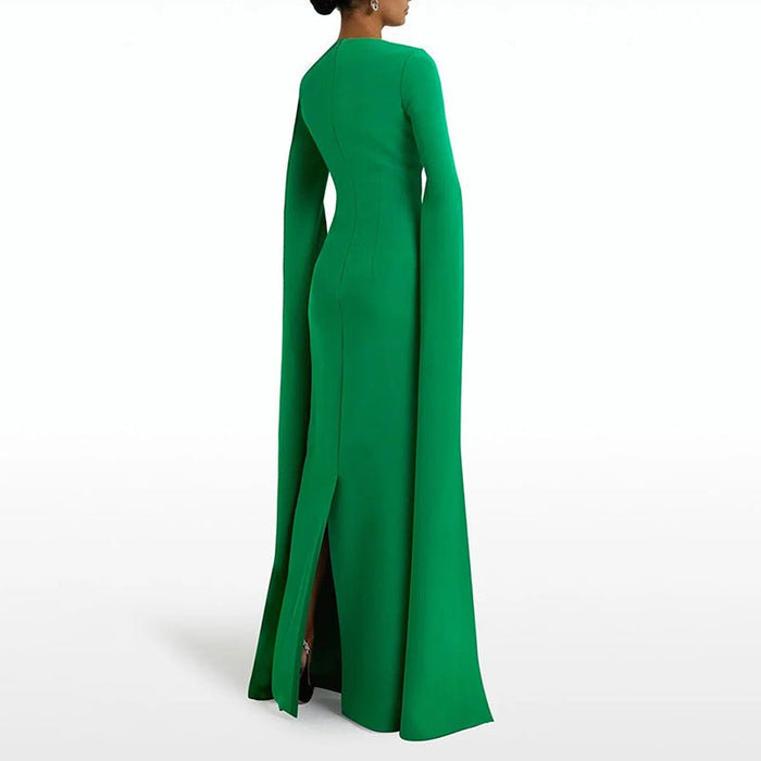 Cape Sleeve Evening Gown | Scalloped Neck Fitted Maxi Dress with Back Slit(MS217)