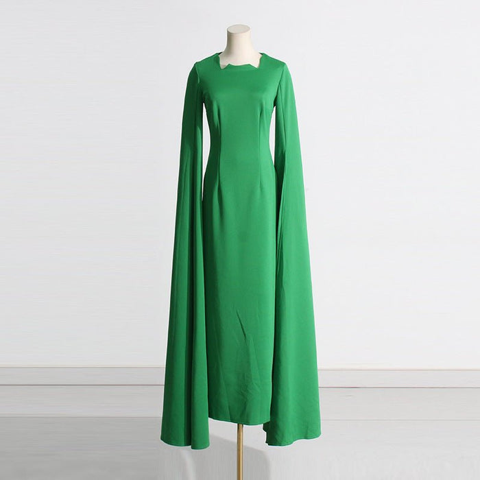 Cape Sleeve Evening Gown | Scalloped Neck Fitted Maxi Dress with Back Slit(MS217)