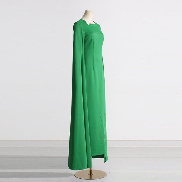 Cape Sleeve Evening Gown | Scalloped Neck Fitted Maxi Dress with Back Slit(MS217)