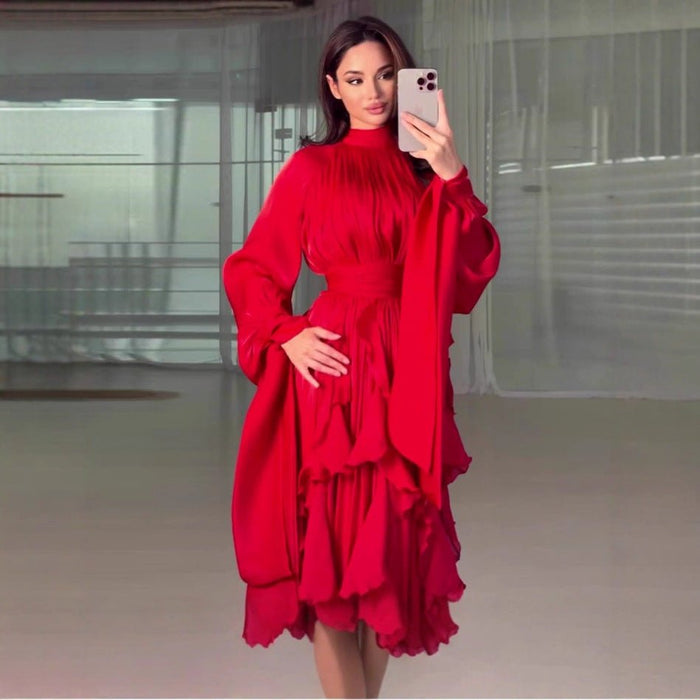 Cascading Ruffle Gown | High Neck Tie-Waist Maxi Dress(MS231)