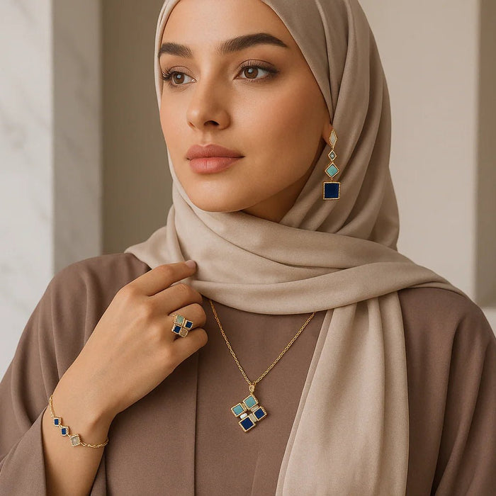 Celeste Geometric Gemstone Jewelry Set | Islamic Blue Stone Jewelry Set (MAC253)
