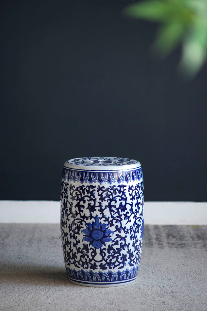 Ceramic Garden Stool, Small Side Tabel - White / Blue