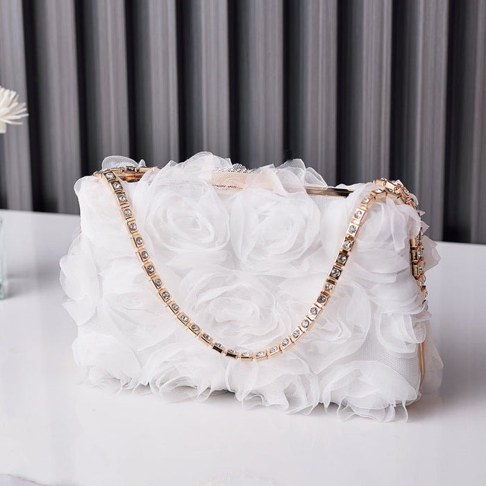 Chiffon Rose Evening Bag | Floral Clutch with Crystal Chain Strap (MAC355)