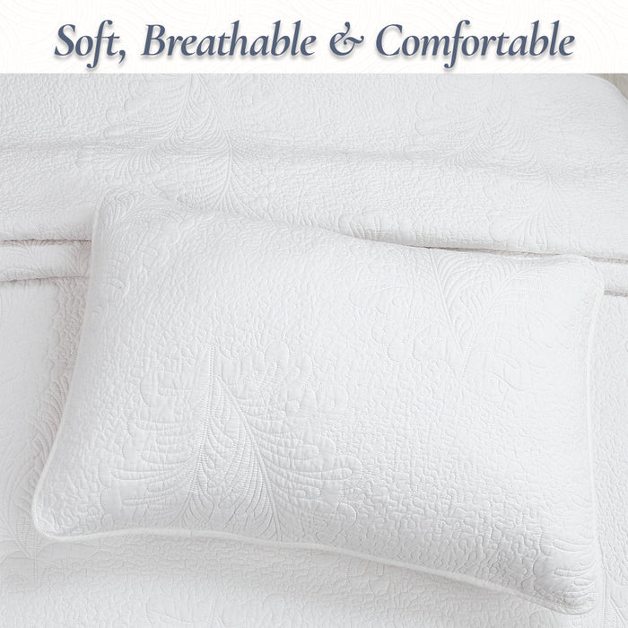 Classic Modern Palm Leaf Stitch Solid White 100% Cotton 3 Piece Quilt Bedding Set
