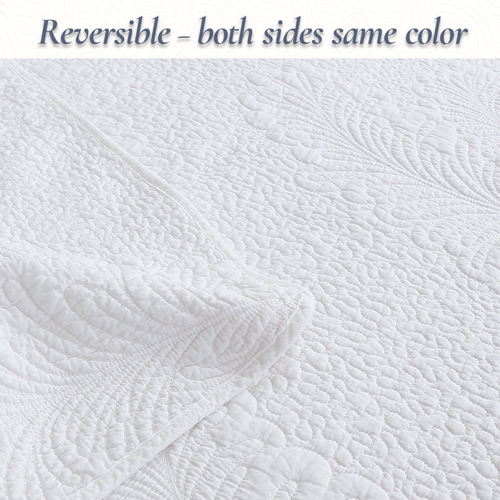 Classic Modern Palm Leaf Stitch Solid White 100% Cotton 3 Piece Quilt Bedding Set