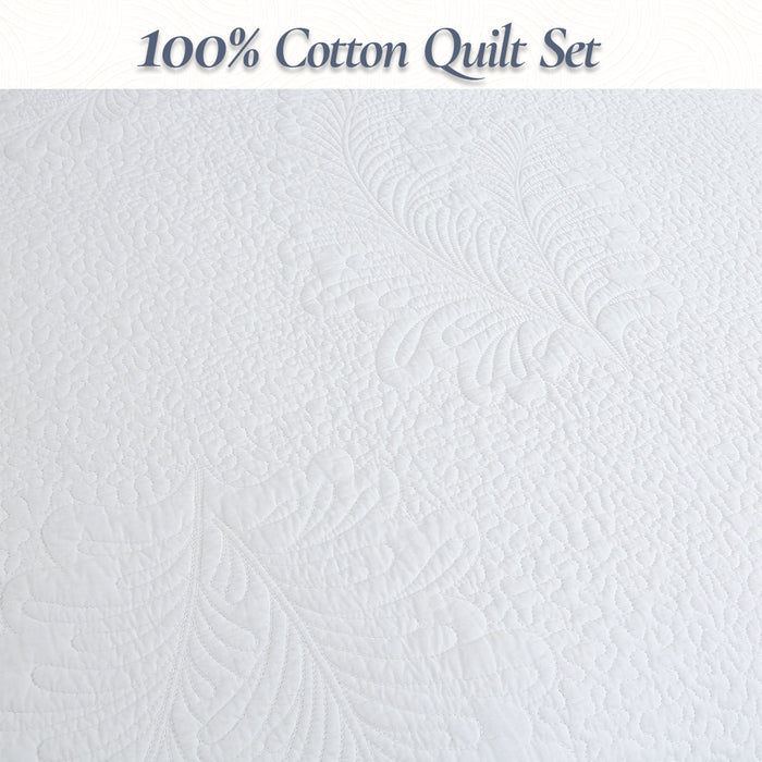 Classic Modern Palm Leaf Stitch Solid White 100% Cotton 3 Piece Quilt Bedding Set