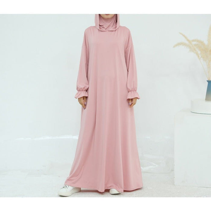 Comfortable Milk Silk Hooded Maxi Dress with Pockets | Elastic Cuff Long Sleeve Dress(MA321)