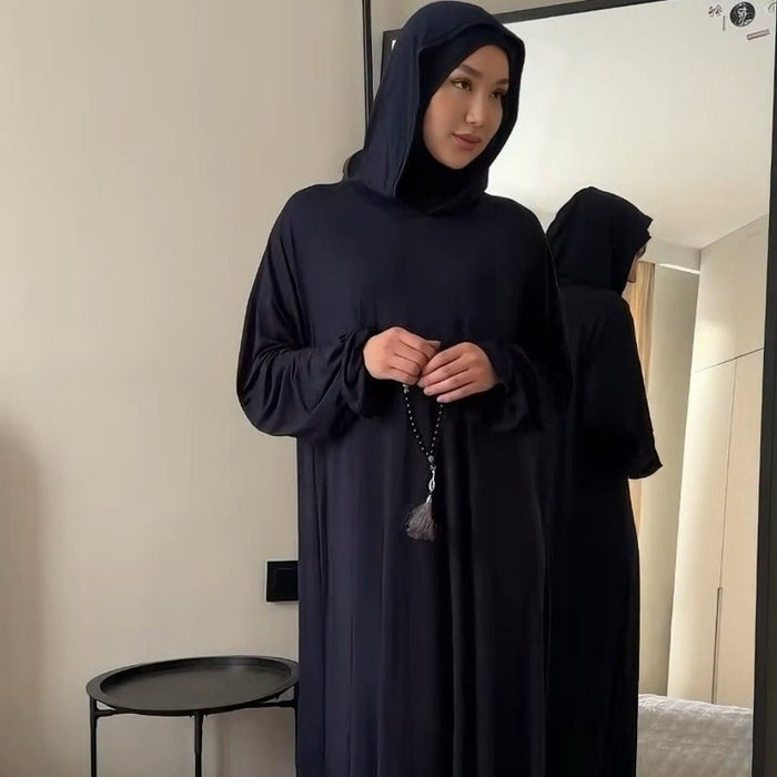 Comfortable Milk Silk Hooded Maxi Dress with Pockets | Elastic Cuff Long Sleeve Dress(MA321)
