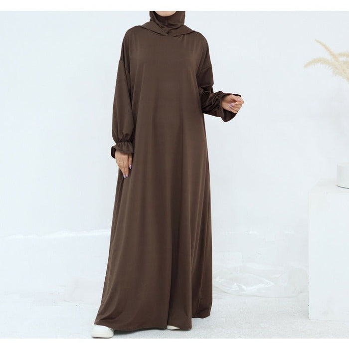 Comfortable Milk Silk Hooded Maxi Dress with Pockets | Elastic Cuff Long Sleeve Dress(MA321)