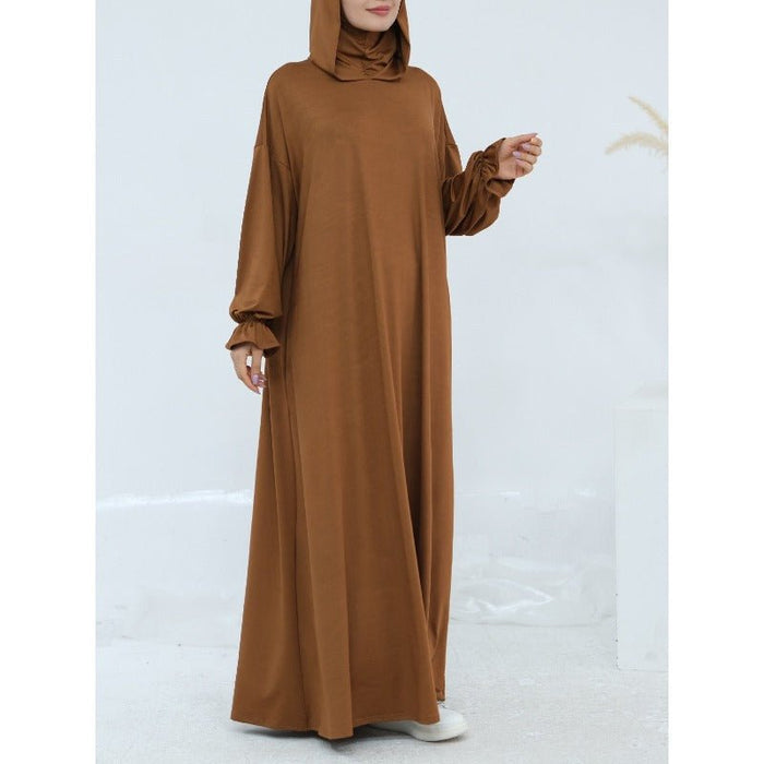 Comfortable Milk Silk Hooded Maxi Dress with Pockets | Elastic Cuff Long Sleeve Dress(MA321)