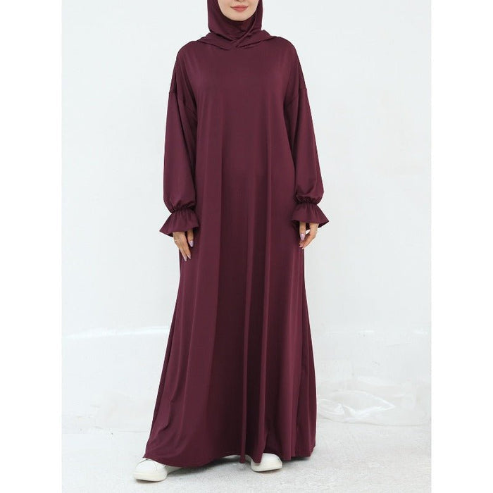 Comfortable Milk Silk Hooded Maxi Dress with Pockets | Elastic Cuff Long Sleeve Dress(MA321)