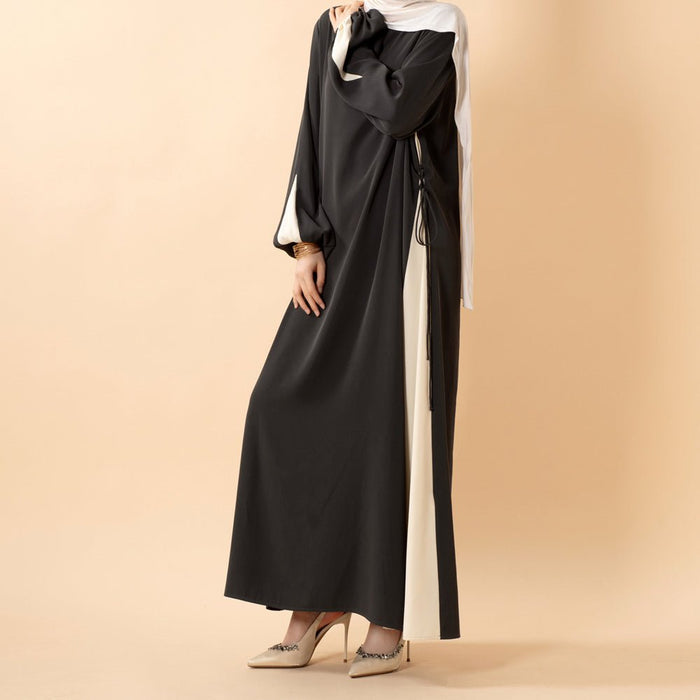 Contrast Panel  Abaya with Drawstring Detail & Balloon Sleeves(MA421)