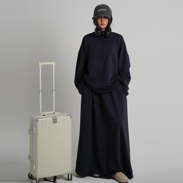Cotton Half-Zip Top & Maxi Skirt Set(MS441)