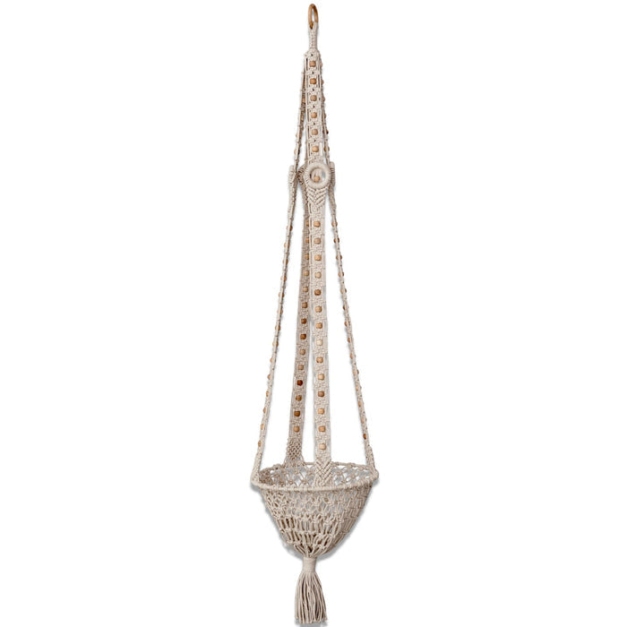 Cotton Macrame Plant Hanger with Wood Beads & Tassel