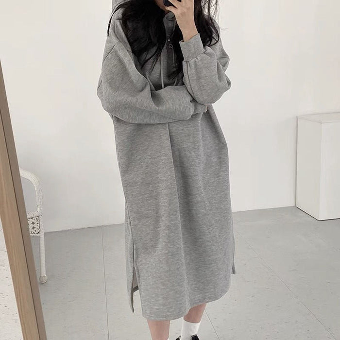 Cozy Hooded Pullover Maxi Dress | Mid-Length Fleece Lined Dress with Side Slits(MS137)