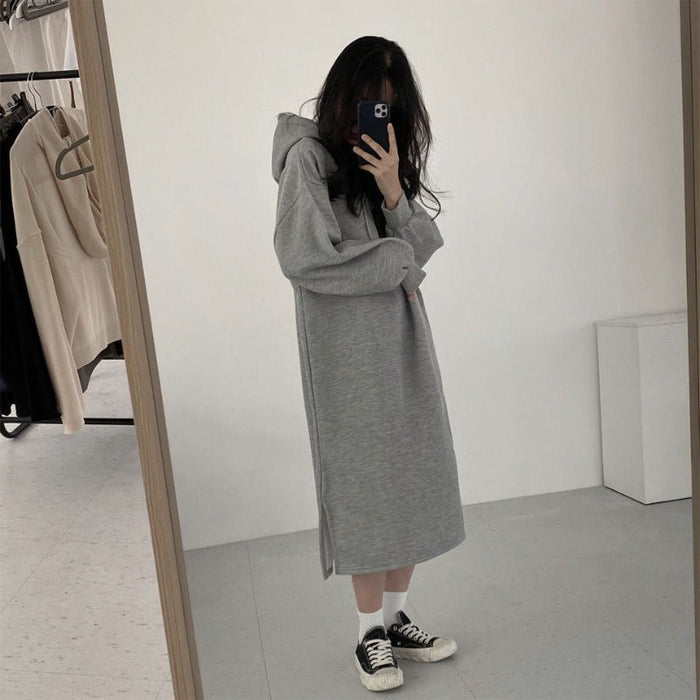 Cozy Hooded Pullover Maxi Dress | Mid-Length Fleece Lined Dress with Side Slits(MS137)