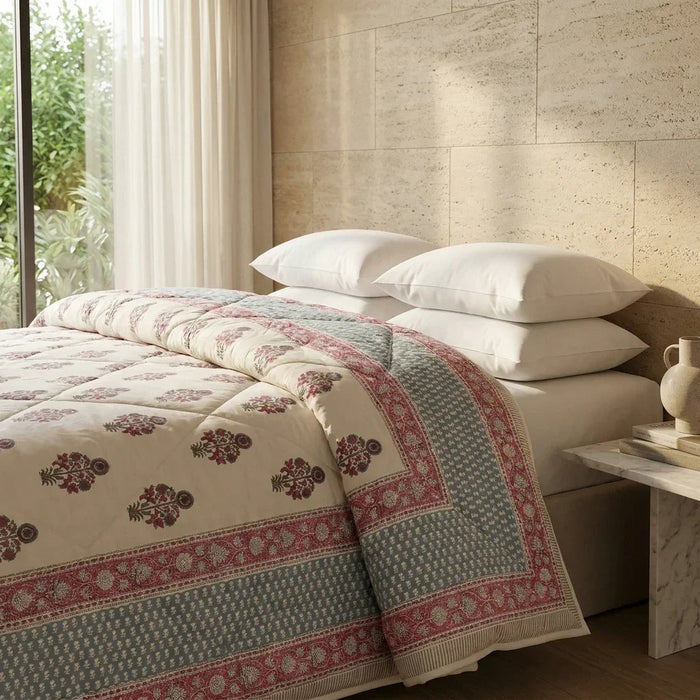 Cream & Charcoal Taupe Floral Jaipur Indian Hand Block Print Quilted Comforter 3
