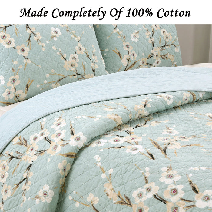 Cream Cherry Blossom Floral Cyan Blue Green 3-Piece Reversible Quilt Bedding Set