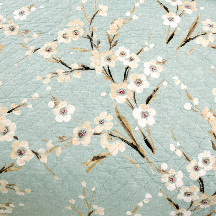 Cream Cherry Blossom Floral Cyan Blue Green 3-Piece Reversible Quilt Bedding Set