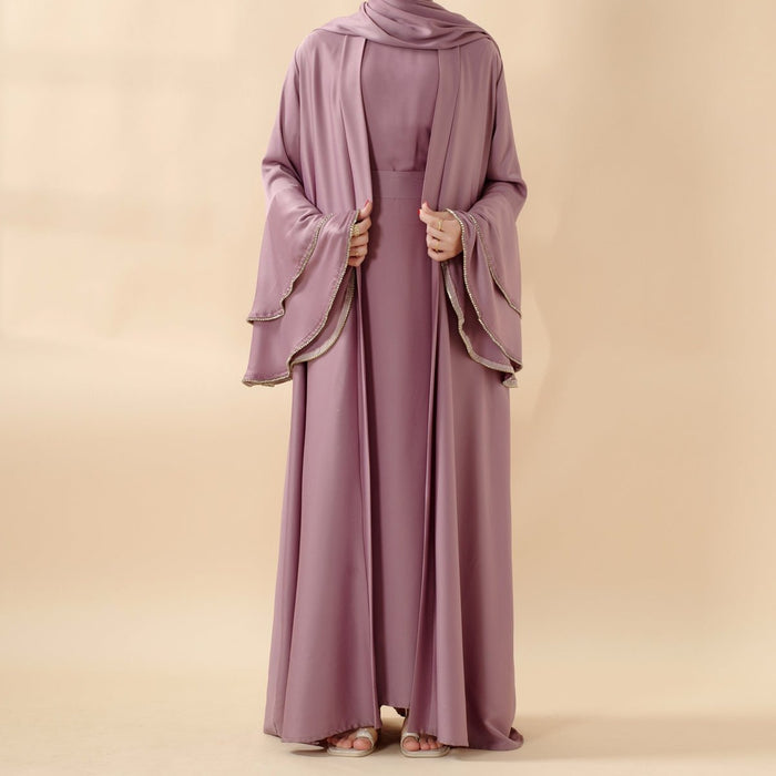 Crepe Satin Ruffle Sleeve Abaya, 5-Piece Set (MOA033)