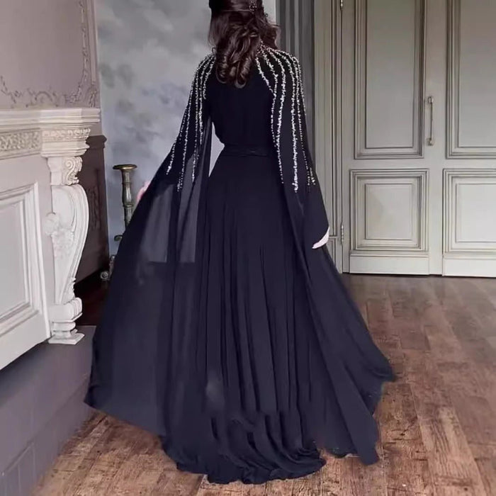 Crystal Cascade Cape Gown | Dramatic Embellished Evening Abay(MA345)