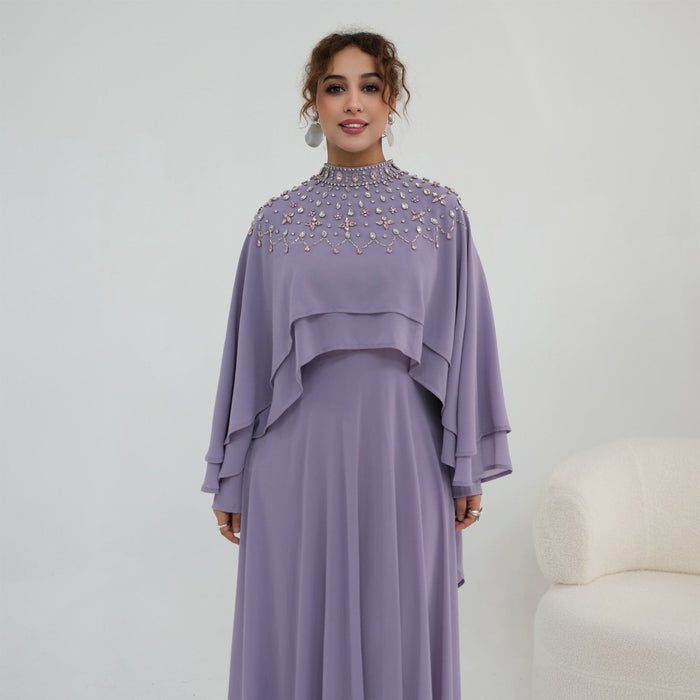 Crystal Embellished Cape Sleeve Chiffon Maxi Dress Set(MS461)