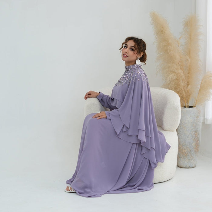 Crystal Embellished Cape Sleeve Chiffon Maxi Dress Set(MS461)