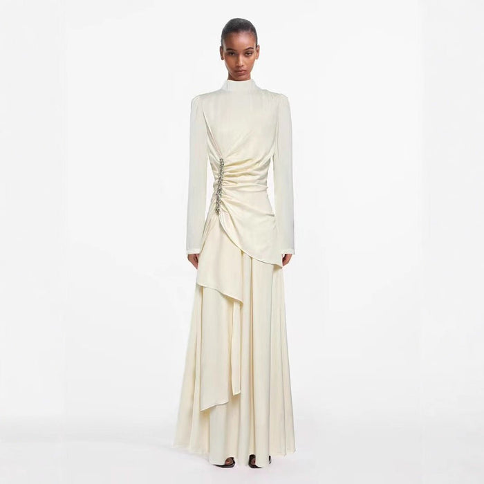 Crystal-Embellished Ruched Dress with Asymmetric Ruffle Skirt(MS346)