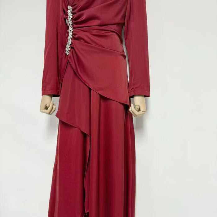 Crystal-Embellished Ruched Dress with Asymmetric Ruffle Skirt(MS346)