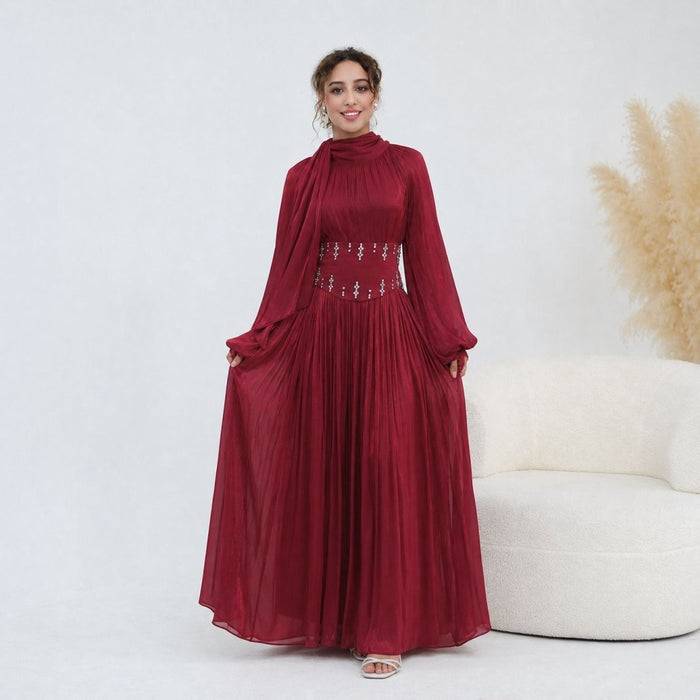 Crystal-Embellished Wide Belt Puff-Sleeve Maxi Dress(MS477)