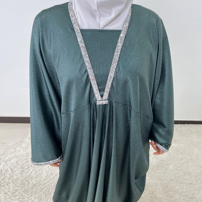 Crystal Trim Butterfly Sleeve Abaya | Oversized Prayer Dress(MA350)