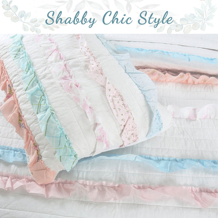 Devers Ruffles White Pink Blue Cotton Reversible Quilt Bedding Set