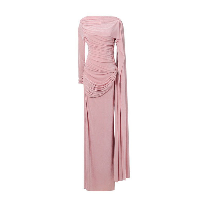 Diagonal Ruched Cape Gown | Asymmetric Draped Long Sleeve Maxi Dress(MS222)