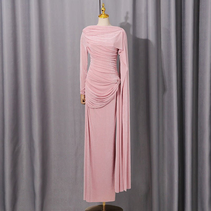 Diagonal Ruched Cape Gown | Asymmetric Draped Long Sleeve Maxi Dress(MS222)