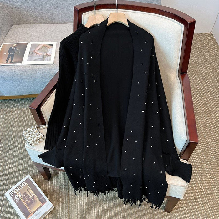 Diamond Embellished Cape Cardigan | Fringe Trim Knit Shawl Sweater(MS211)