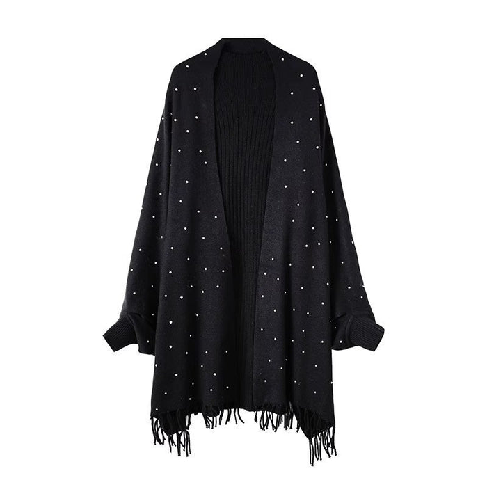 Diamond Embellished Cape Cardigan | Fringe Trim Knit Shawl Sweater(MS211)