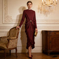 Draped Satin Skirt Dress with Jeweled Brooch(MS321)
