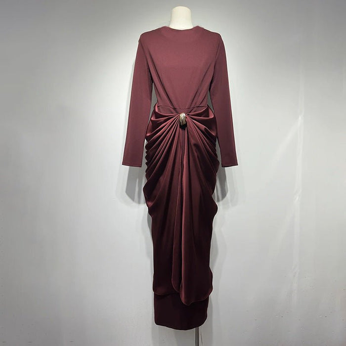 Draped Satin Skirt Dress with Jeweled Brooch(MS321)