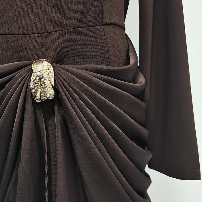 Draped Satin Skirt Dress with Jeweled Brooch(MS321)