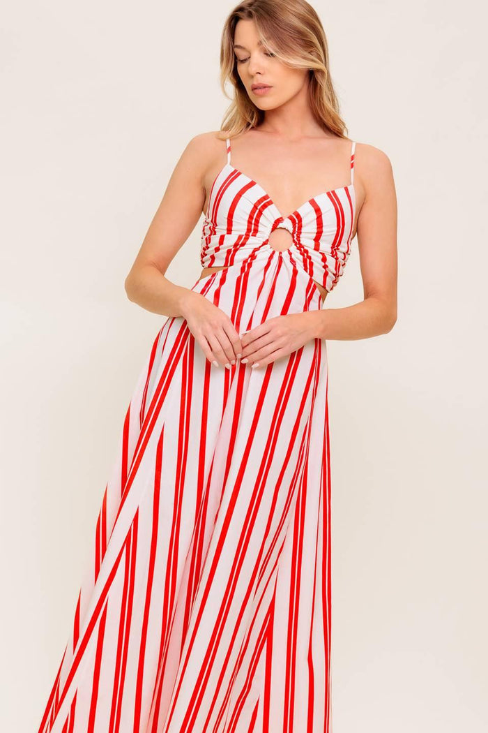 DREAM PETALS RED STRIPE WOVEN Maxi DRESS