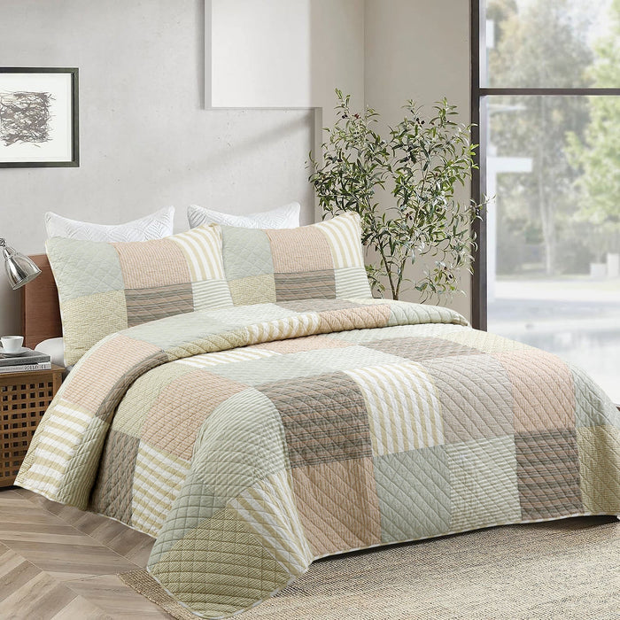 Earth Tone Brown Tan Beige Stripe Checker Real Patchwork 3-Piece Cotton Reversible Quilt Bedding Set