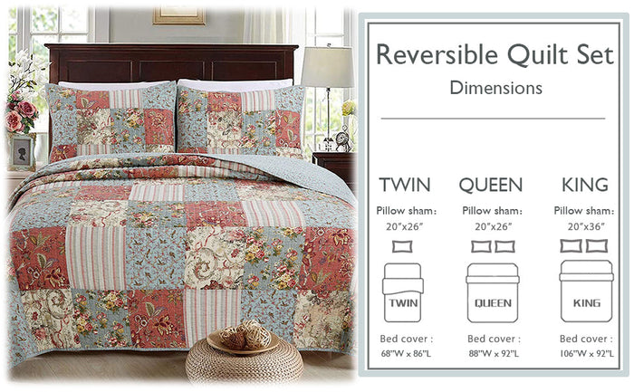 Eleanor Real Patchwork Floral Stripe 3-Piece Cotton Reversible Quilt Bedding Set