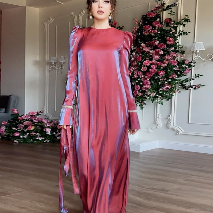 Elegant Burgundy Glitter Satin Long Sleeve Ball Gown with Flared Cuffs (MA223)