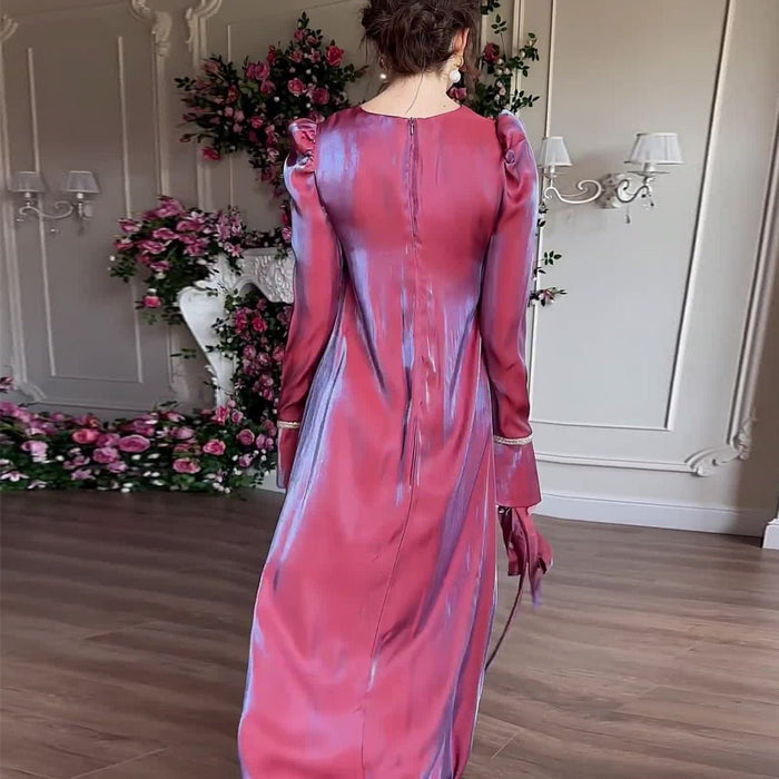Elegant Burgundy Glitter Satin Long Sleeve Ball Gown with Flared Cuffs (MA223)