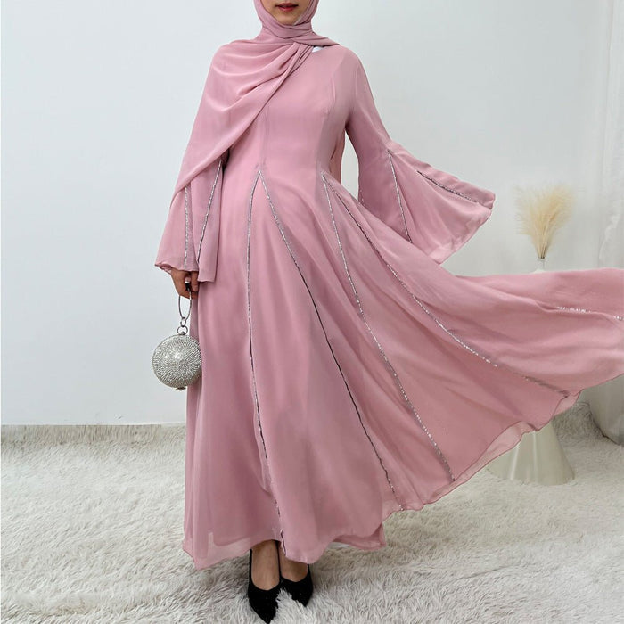 Elegant Chiffon Abaya Set with Hijab | Round Neck Bell Sleeve Maxi Dress with Rhinestone Trim (MA325)