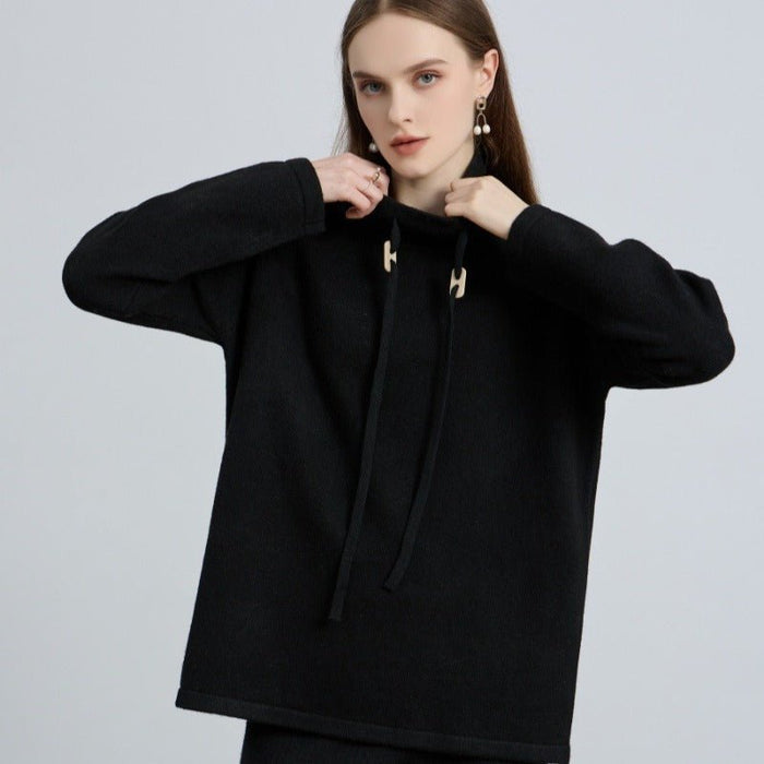 Elegant Half-Turtleneck Knit Sweater with Drawstring | Pullover Style Versatile Top(MS120)