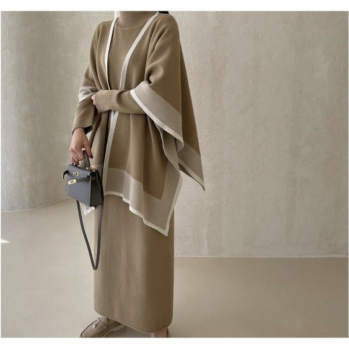 Elegant Knit Shawl & Half-Turtleneck Maxi Dress Set | Two-Piece Modest Outfit(MS117)
