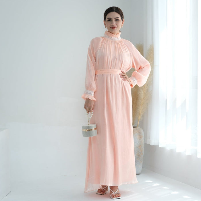 Elegant Modest Long Sleeve High-Neck Lace-Up Solid Color Dress Abaya (MA213)