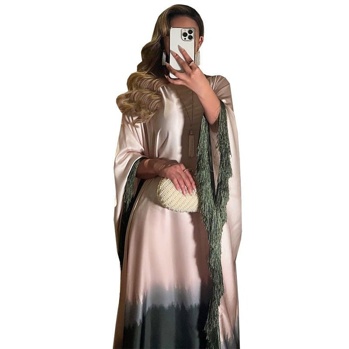 Elegant Ombre Gradient Abaya | Gradient Print Fringed Robe Dress Abaya (MA179)
