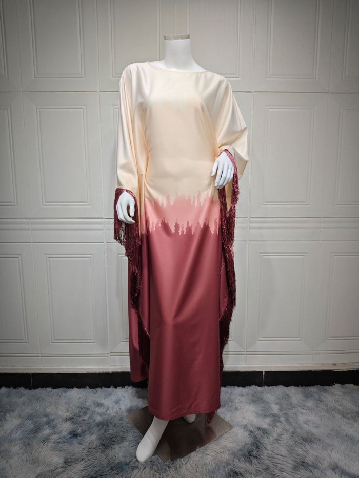 Elegant Ombre Gradient Abaya | Gradient Print Fringed Robe Dress Abaya (MA179)